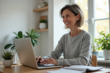 Femme utilisant son ordinateur portable pour accéder à son espace client bancaire Ca-centrest en toute sécurité depuis son bureau à domicile