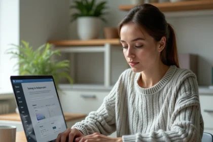 Femme activant la carte virtuelle Virtualis dans son espace client Crédit Mutuel sur un ordinateur portable