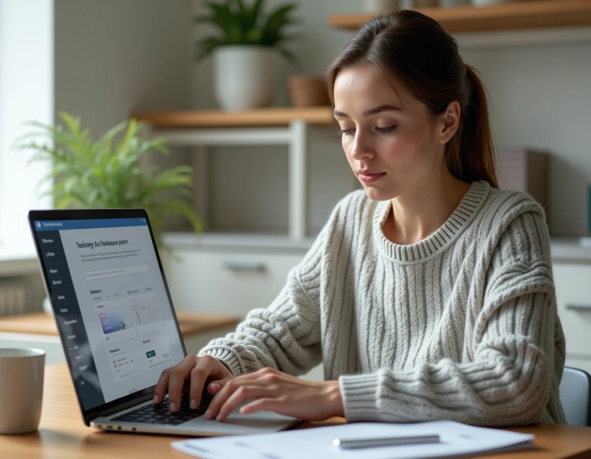 Femme activant la carte virtuelle Virtualis dans son espace client Crédit Mutuel sur un ordinateur portable