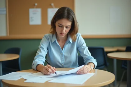 AESH femme consultant ses fiches de salaire dans la salle des professeurs d'une école publique
