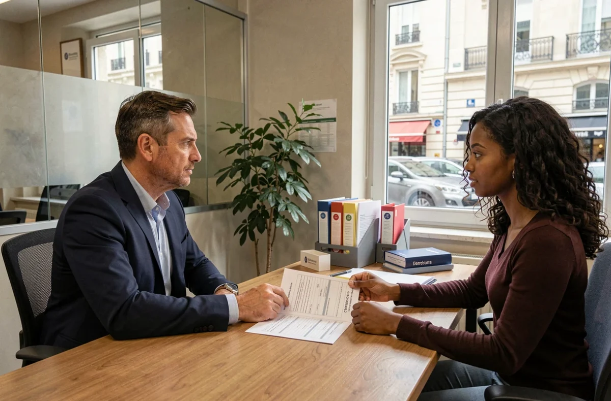 Agent immobilier expliquant les solutions alternatives à un couple suite au refus d'assurance loyer impayé