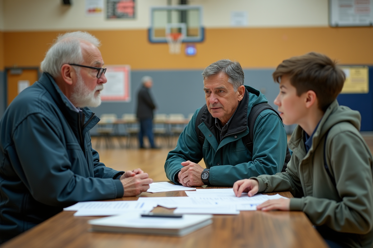 Homme et adolescent parlant avec une agente d’aide en gymnase