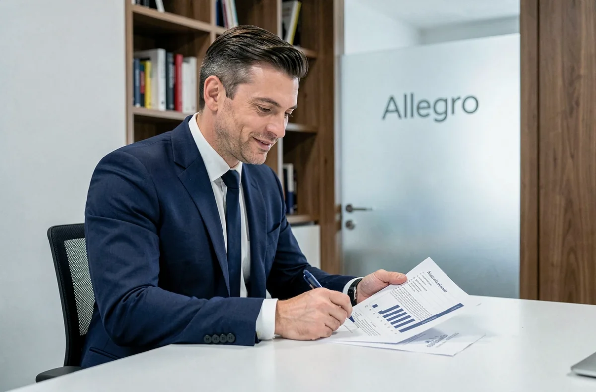 Conseiller patrimonial d'Allegro Patrimoine en Indre-et-Loire analysant un dossier financier dans un bureau épuré