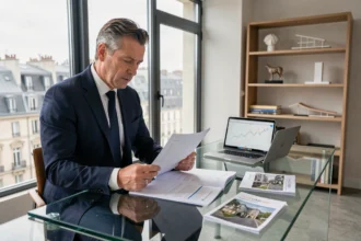 Homme d'affaires analysant des documents financiers sur des SCPI Amundi dans un bureau parisien moderne