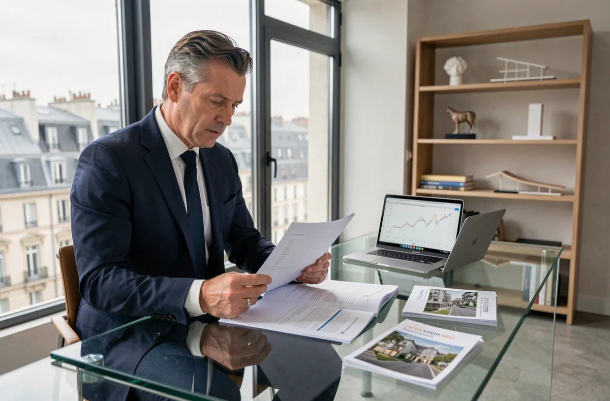 Homme d'affaires analysant des documents financiers sur des SCPI Amundi dans un bureau parisien moderne