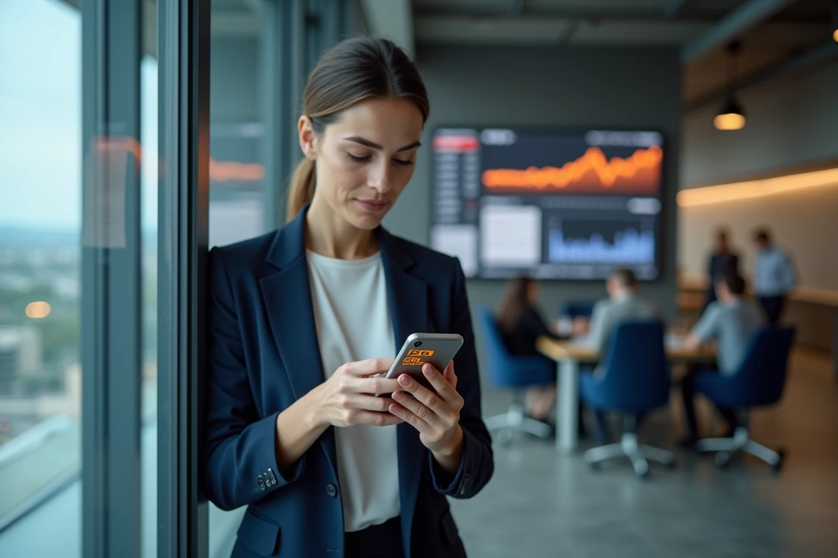 Analyste financière consultant le cours de l'action Orange ORA et le forum Boursorama sur smartphone dans un bureau moderne