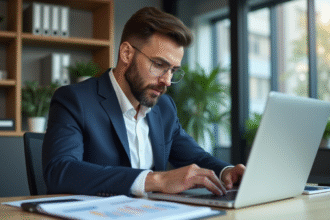 Analyste affaires homme en costume dans un bureau moderne