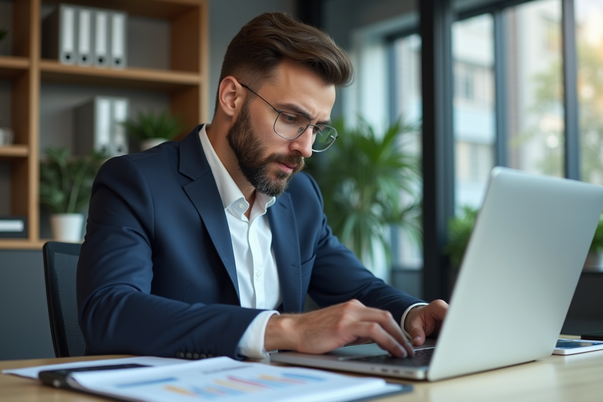 Analyste affaires homme en costume dans un bureau moderne