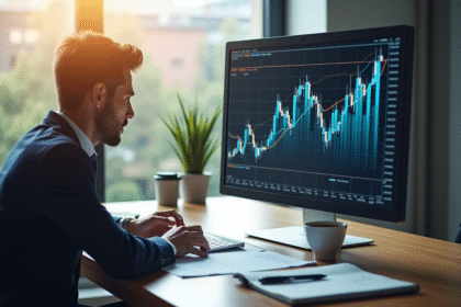 Professionnel en costume analysant un graphique boursier sur un ordinateur dans un bureau lumineux