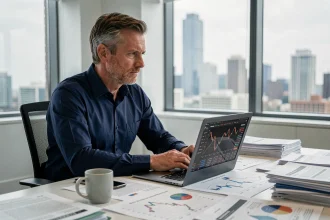 Analyste financier examinant des fiches boursières et des données EPA sur un bureau encombré de rapports dans un bureau moderne