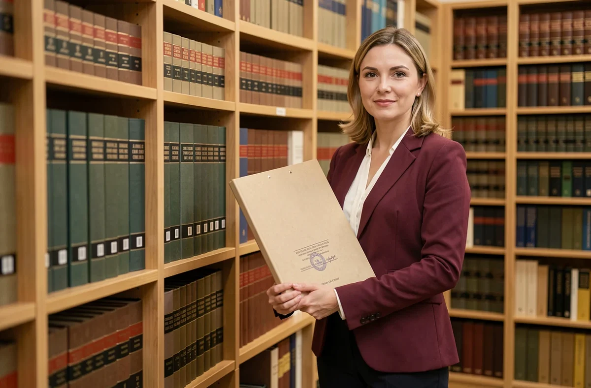 Notaire Petronela Anitoaie Costea debout devant une bibliothèque juridique tenant un dossier notarié officiel
