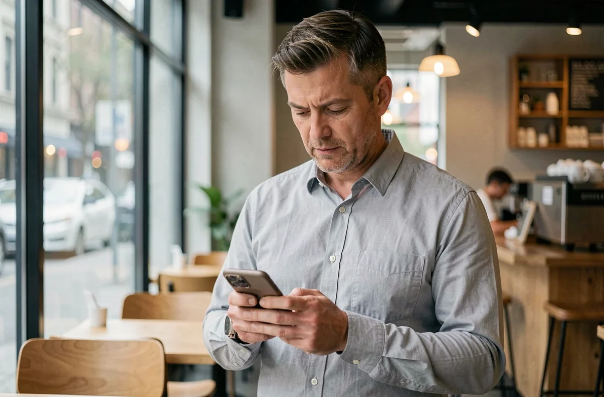 Homme consultant son application bancaire sécurisée sur smartphone dans un café urbain