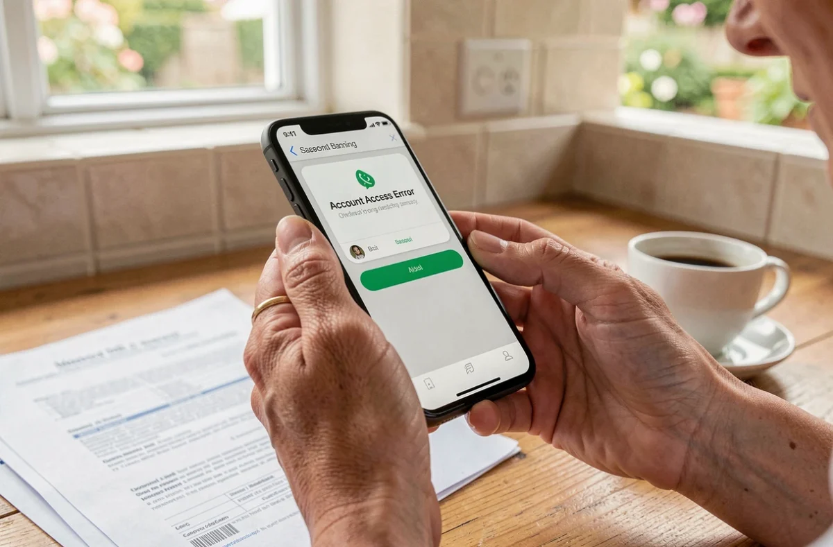 Mains tenant un smartphone affichant une erreur d'accès à l'application mobile de la Banque Chalus