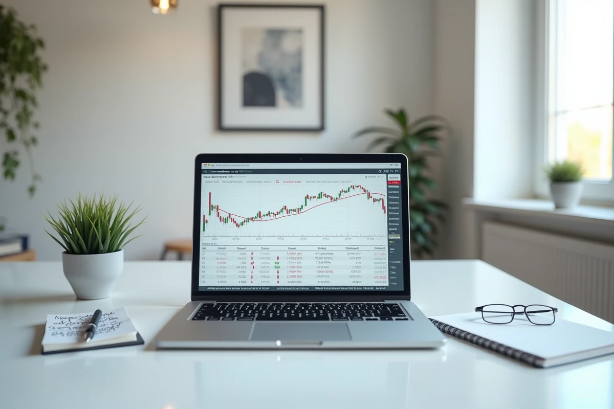Écran d'ordinateur portable affichant les résultats de backtest d'un expert advisor de trading forex sur bureau minimaliste