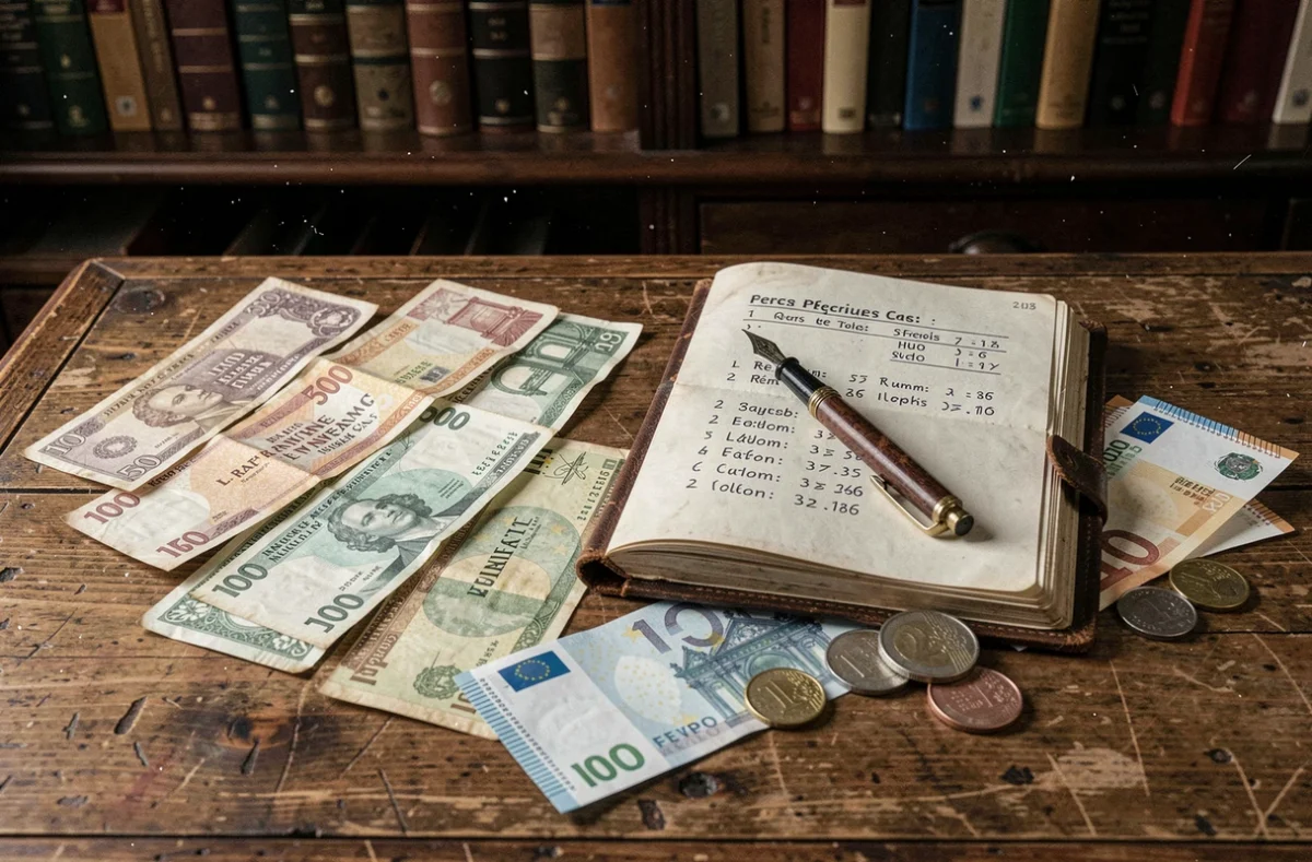 Anciens billets de francs français posés à côté d'euros sur un bureau en bois avec un carnet de conversions manuscrites