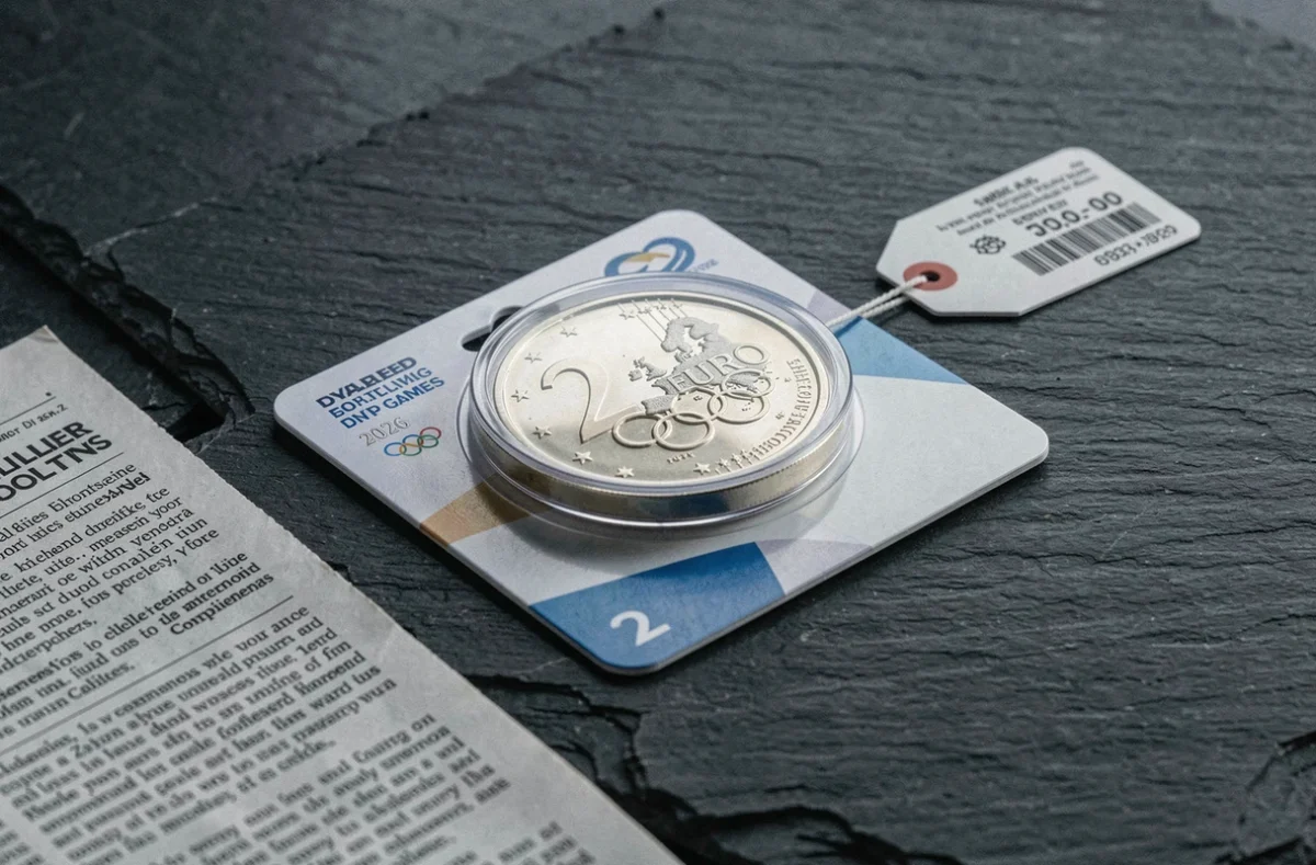 Blister officiel non ouvert d'une pièce de 2 euros Jeux Olympiques 2026 posé sur une surface en ardoise avec étiquette de prix et coupure de journal