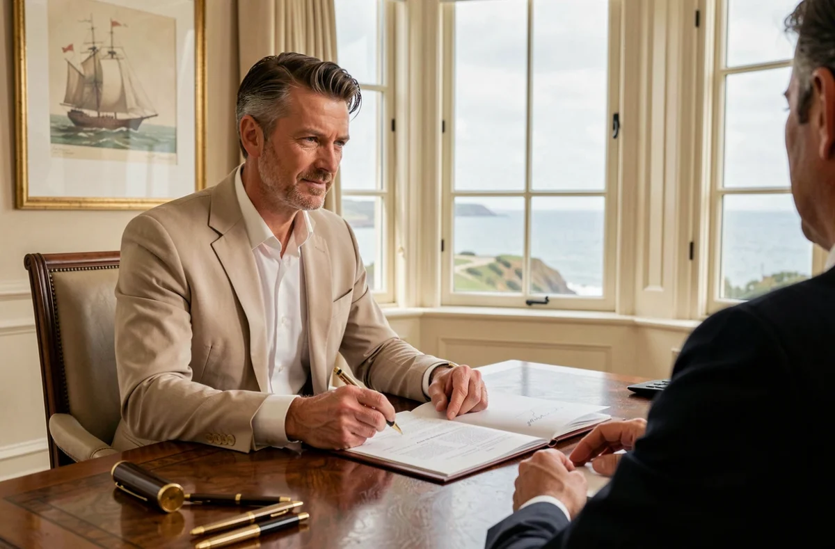 Conseiller en gestion de patrimoine de Bonnet Doyen Conseil à Deauville dans un bureau élégant avec vue côtière normande et mobilier en acajou