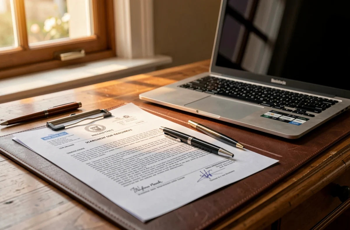 Bureau de notaire avec actes et ordinateur portable
