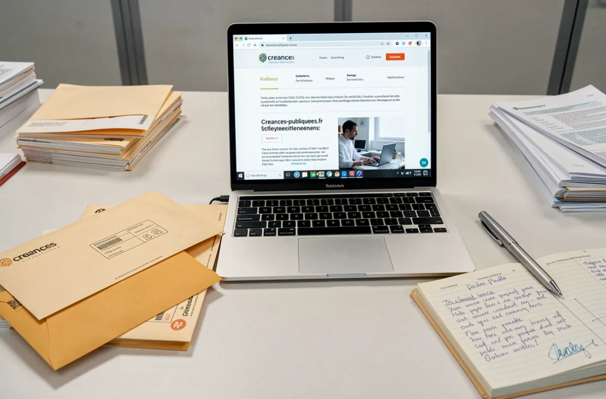 Bureau avec ordinateur affichant le site creances-publiques.fr et documents de démarches administratives