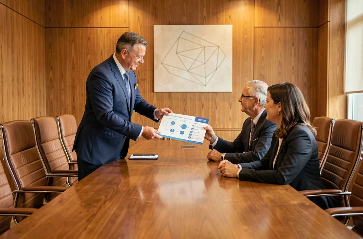 Conseiller de Cardinales Solutions Patrimoniales présentant un plan patrimonial complet à un couple de clients