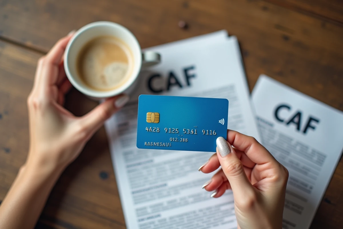 Gros plan sur une carte bancaire et un document CAF posés sur une table, symbolisant l'attente d'un virement
