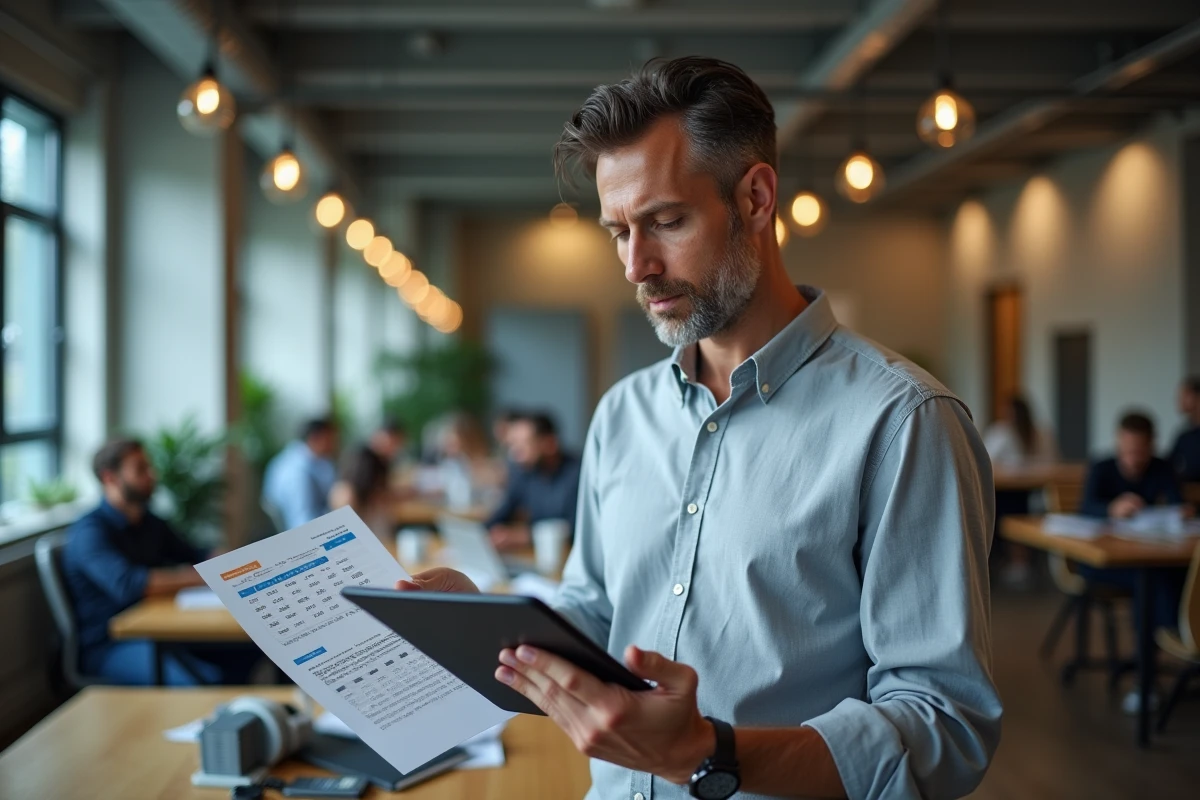 Chef d'entreprise TPE analysant des projections financières et un simulateur ROI sur tablette dans un espace de coworking