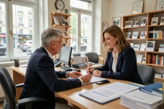 Client et conseiller examinant des documents dans une agence bancaire