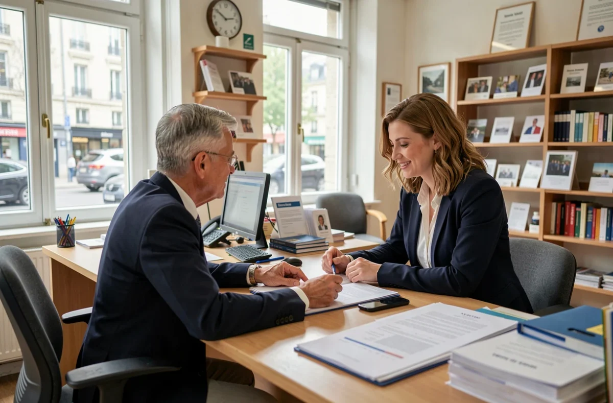 Client et conseiller examinant des documents dans une agence bancaire