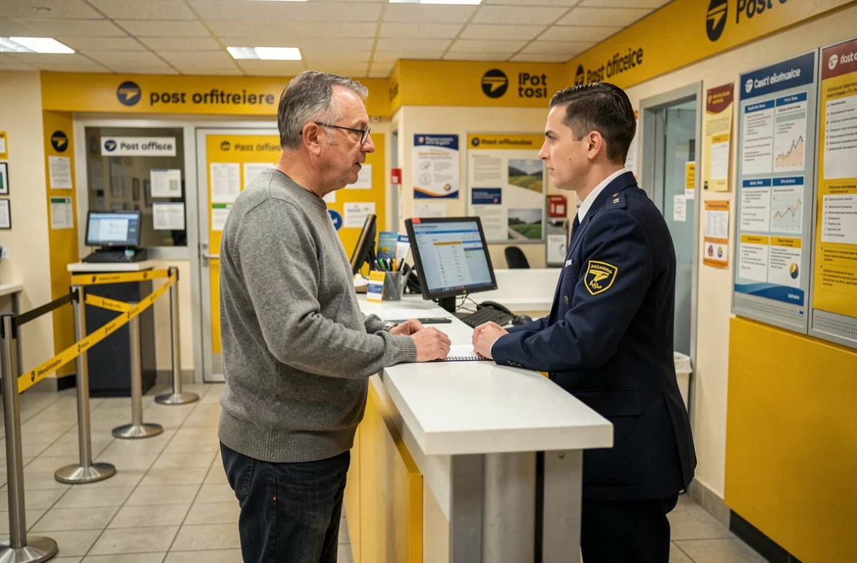 Client homme en train de se renseigner sur les horaires et services de la Banque Postale à un guichet de bureau de poste