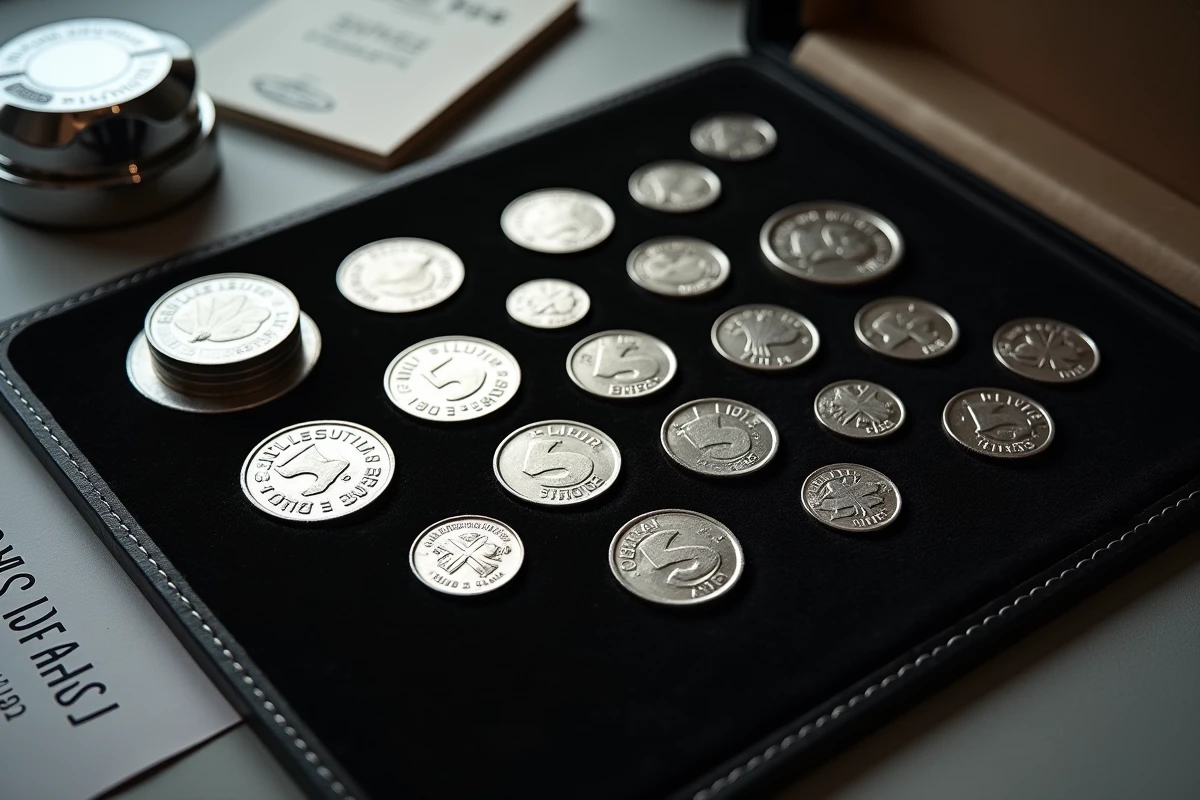 Collection de pièces de 5 francs suisses 1960 disposées sur velours noir avec guide de cotation