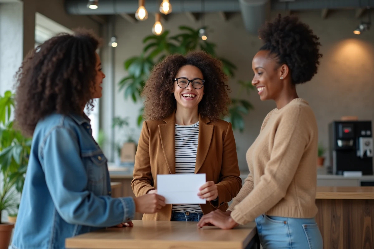 Un groupe de collègues reçoit une carte cadeau Kadéos Infini dans une salle de pause moderne, illustrant la reconnaissance des employés en entreprise
