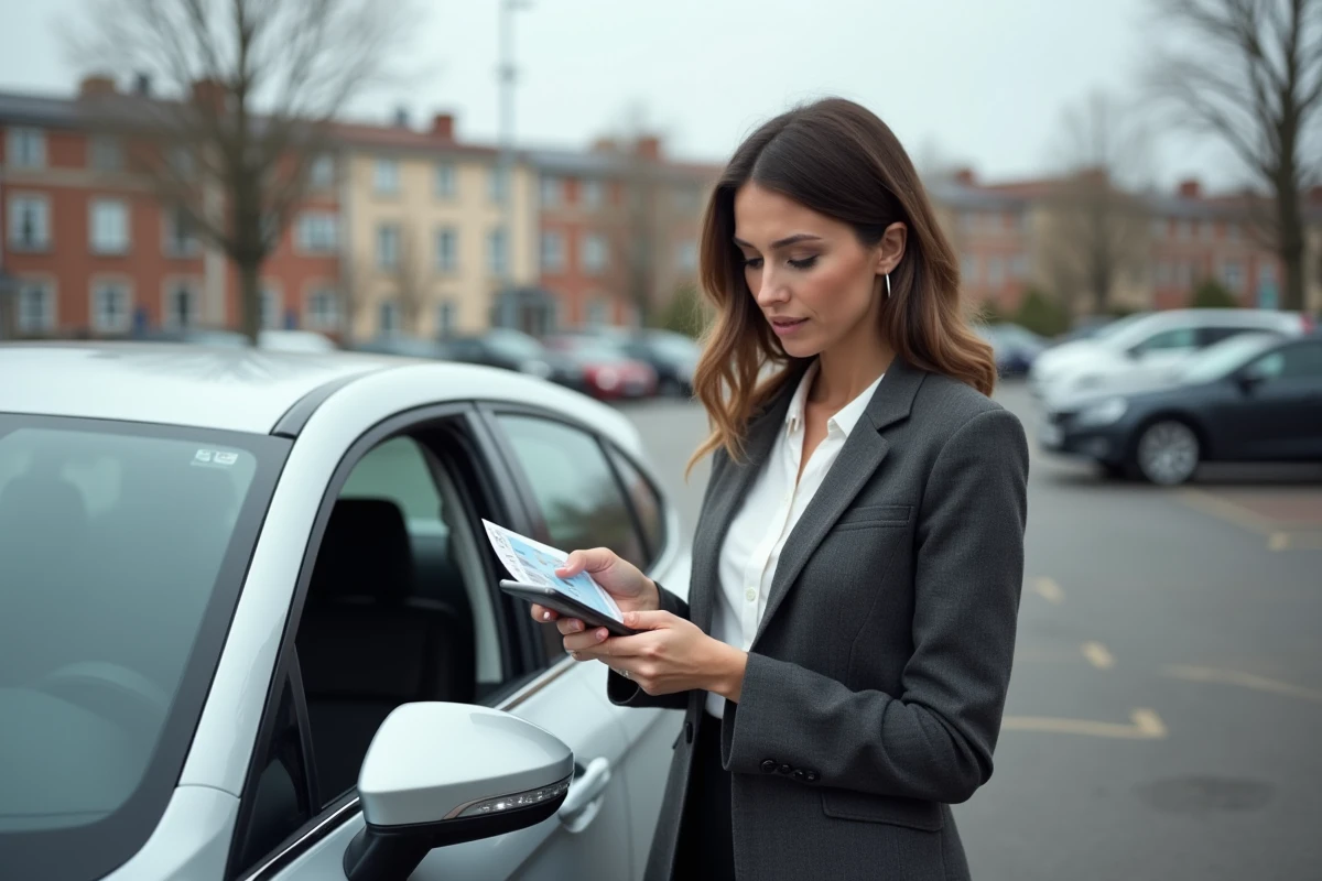 Commerciale itinérante gérant ses justificatifs de repas à côté de sa voiture de fonction