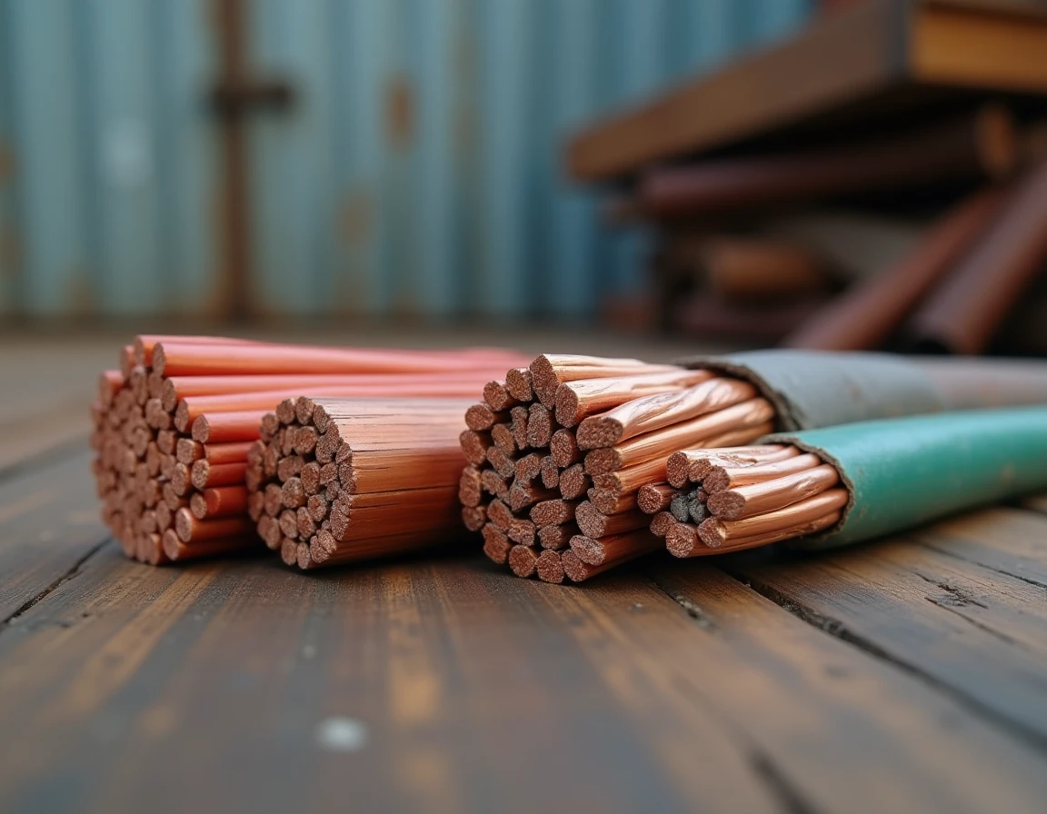 Comparaison de trois types de cuivre : rouge dénudé, mêlé et câble isolé posés sur bois