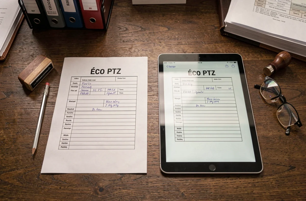 Comparaison entre le formulaire papier et la version numérique de l'Éco PTZ emprunteur posés côte à côte sur un bureau