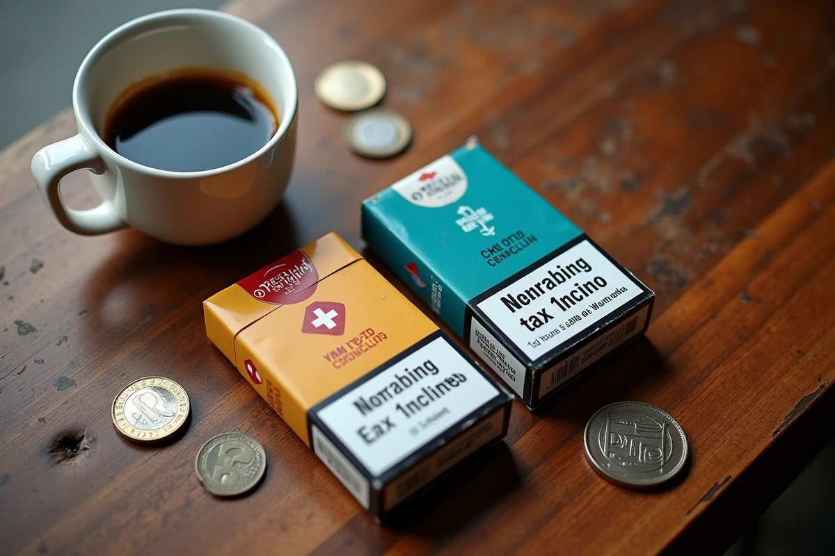 Comparaison de paquets de cigarettes français et suisses avec des pièces en euros et francs suisses sur une table de café