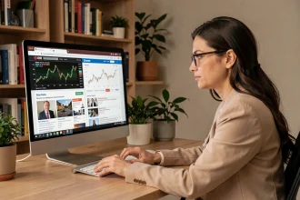 Femme analysant deux sources d'information financière sur son ordinateur, comparant un portail spécialisé et un site généraliste
