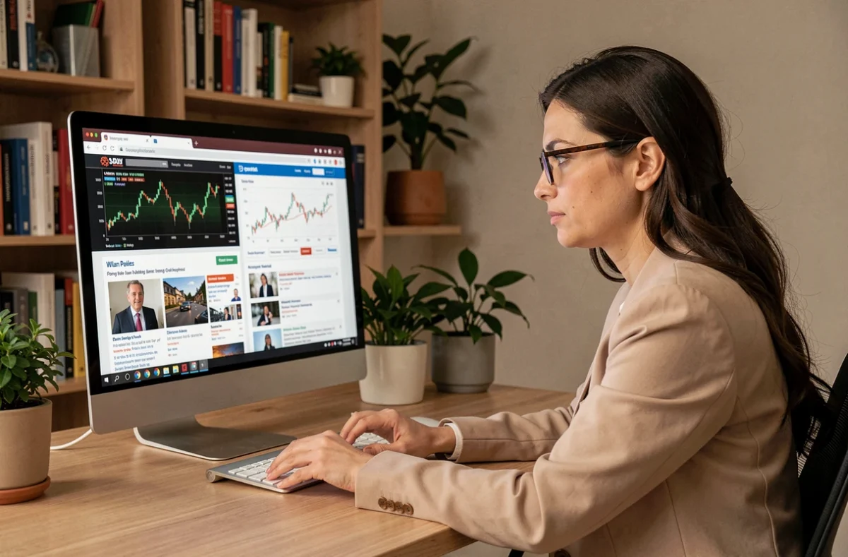 Femme analysant deux sources d'information financière sur son ordinateur, comparant un portail spécialisé et un site généraliste