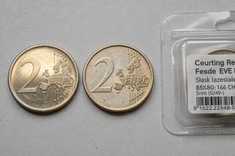 Comparatif de trois pièces de 2 euros Jeux Olympiques 2026 en état neuf, circulé et sous blister collector sur fond gris neutre