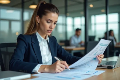 Comptable femme en entreprise consultant une grille de salaire au niveau bac+8 dans un bureau moderne