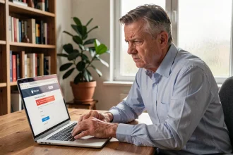 Homme stressé devant un écran d'ordinateur affichant un compte bancaire bloqué sur le site de la Banque Chalus