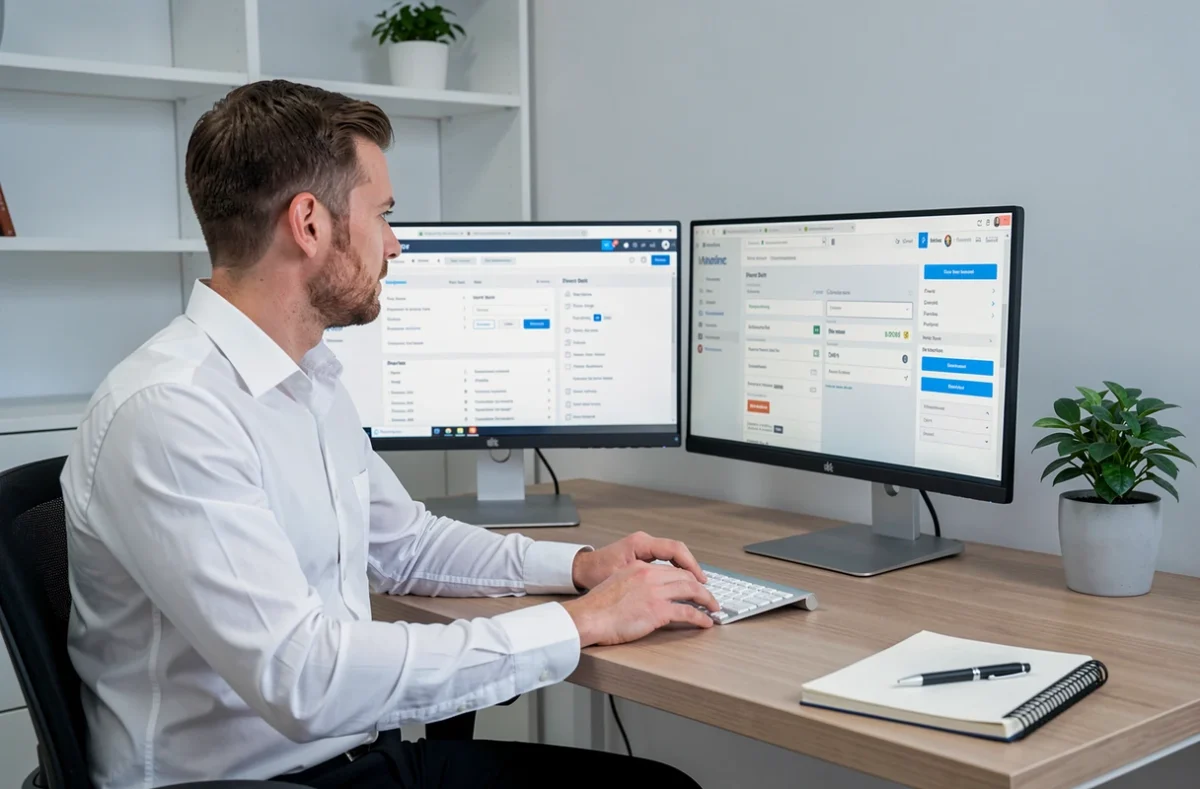 Homme configurant des prélèvements automatiques sur un portail bancaire depuis son bureau à domicile