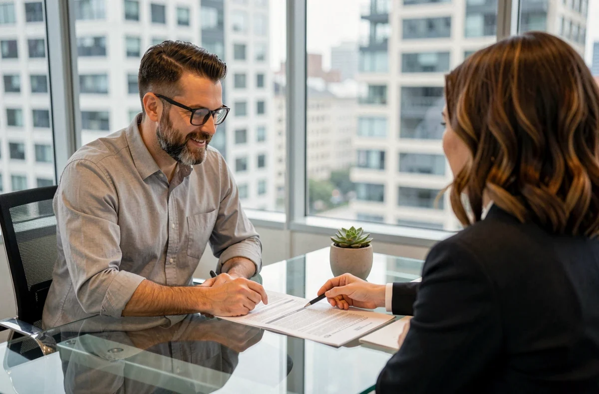 Réunion de conseil en assurance civile professionnelle entre un client et un conseiller dans une salle de réunion vitrée