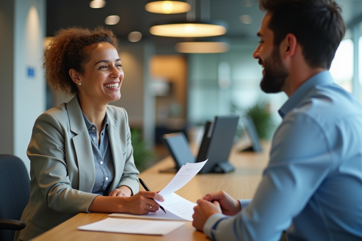 Conseiller bancaire discutant avec un client dans une banque moderne