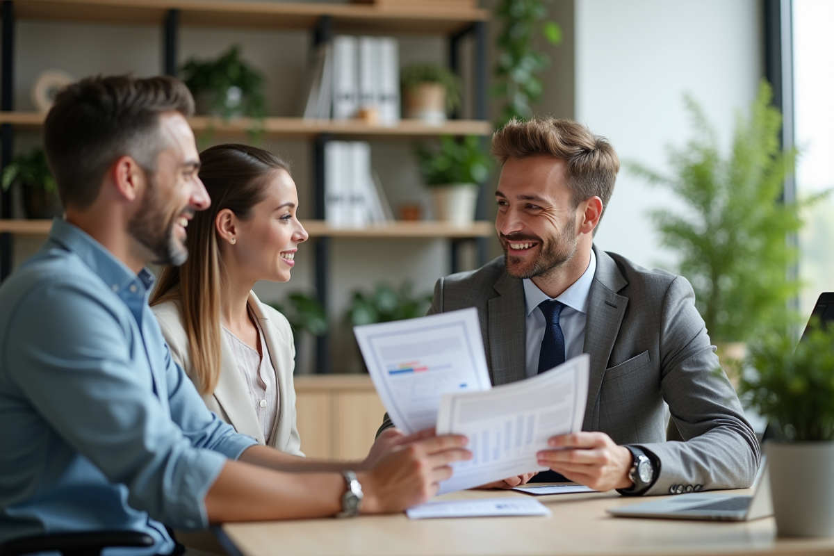 Conseiller financier souriant discutant avec un jeune couple dans un bureau lumineux