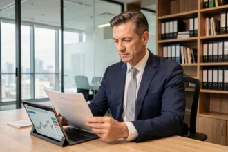 Un conseiller financier examine des documents sur les SCPI et des graphiques de performance sur une tablette dans un bureau moderne