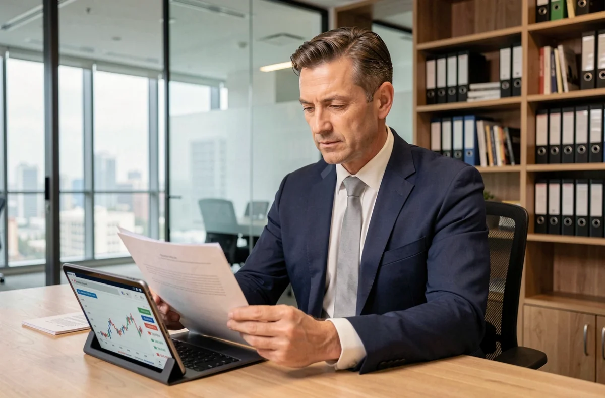 Un conseiller financier examine des documents sur les SCPI et des graphiques de performance sur une tablette dans un bureau moderne