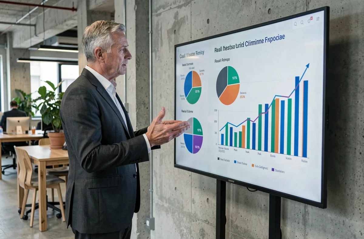 Conseiller financier présentant les performances d'une SCPI sur un écran interactif dans un espace de travail moderne