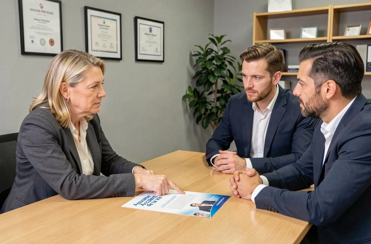 Conseillère en assurance expliquant les garanties d'une assurance accident de la vie à un couple dans une agence