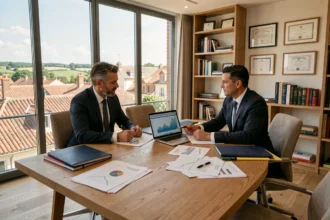 Conseiller en gestion de patrimoine discutant d'une stratégie financière avec un client dans un bureau professionnel en Indre-et-Loire