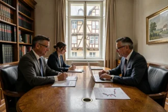 Deux conseillers en gestion de patrimoine en Normandie discutant de stratégies financières dans un bureau classique avec architecture normande visible en arrière-plan